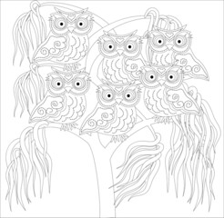 Fototapeta premium Coloring book for adult and older children. Coloring page with cute owl and floral frame. Outline drawing in zentangle style