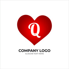 Q letter logo with heart icon, valentines day love concept