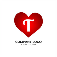 T letter logo with heart icon, valentines day love concept