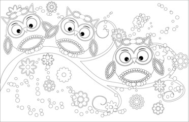 Coloring book for adult and older children. Coloring page with cute owl and floral frame. Outline drawing in zentangle style
