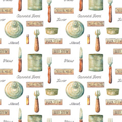 Meat delicacies. Canned food and cutlery with inscriptions and labels. Watercolor illustration seamless pattern