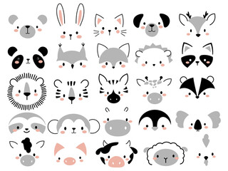 Set of cute animal faces. Collection of animal portraits cartoon style penguin, deer, hare, bear, squirrel, etc. Vector illustration white background. Design of kids clothing. Tattoo.