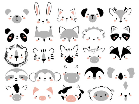 Set Of Cute Animal Faces. Collection Of Animal Portraits Cartoon Style Penguin, Deer, Hare, Bear, Squirrel, Etc. Vector Illustration White Background. Design Of Kids Clothing. Tattoo.