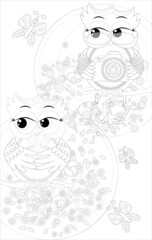 Doodles design of a photographer owl taking photo. coloring book for adult, card,poster,banner