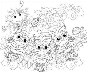 Coloring book for adult and older children. Coloring page with cute owl and floral frame. Outline drawing in zentangle style