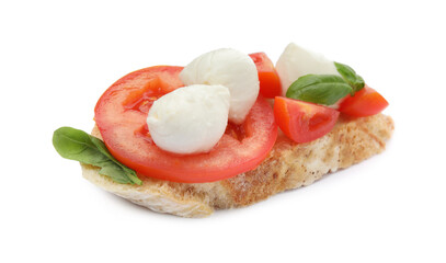 Delicious sandwich with mozzarella, fresh tomatoes and basil isolated on white