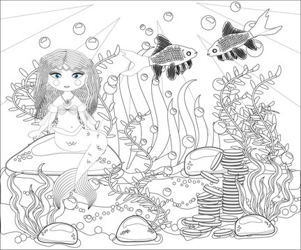 Beautiful mermaid. Underwater world. Anti stress coloring book for adult. Outline drawing coloring page. Black and white in zentangle style. Sea, shells. Marine theme.