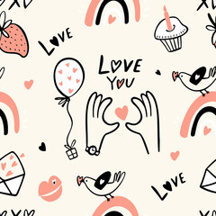 Festive seamless pattern for Valentine's Day. love symbol design elements in doodle style.