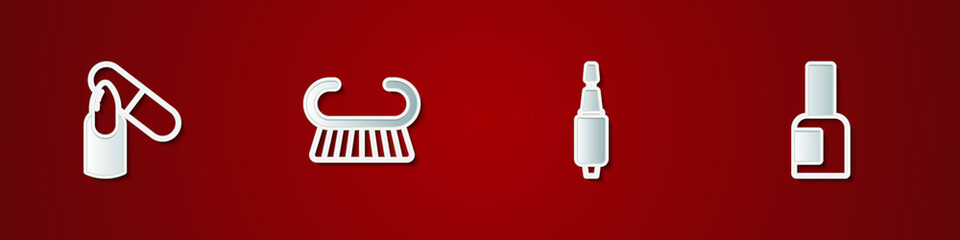 Set Nail file, Pedicure brush or grater, Milling cutter for manicure and Bottle of nail polish icon. Vector