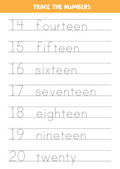 Tracing numbers in words. Worksheet for children.