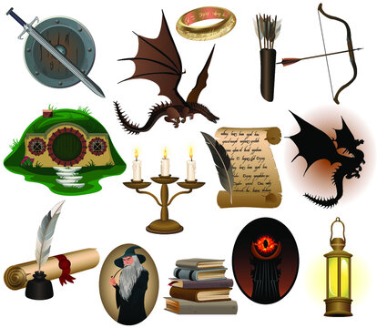 Collection of artifacts from the mysterious and full of magic fantasy world. Vector illustration