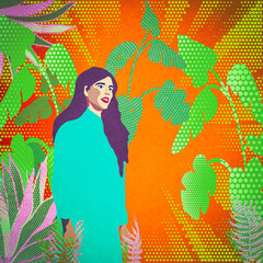 Ilustracja młoda kobieta motywy roślinne w słonecznych barwach - obrazy, fototapety, plakaty