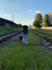 Railway blue traffic light in the grass