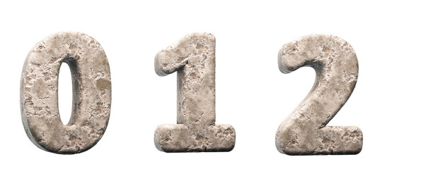 Stone numbers 0, 1, 2. 3d render. Rock alphabet. Path save.