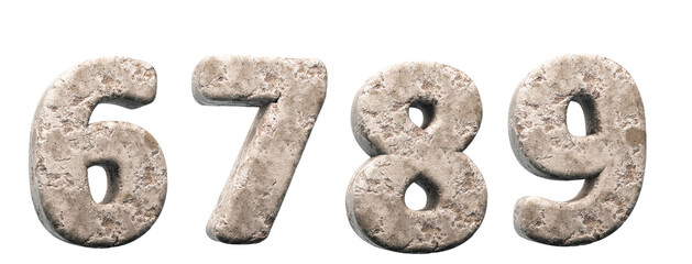 Stone numbers 6, 7, 8, 9. 3d render. Rock alphabet. Path save.
