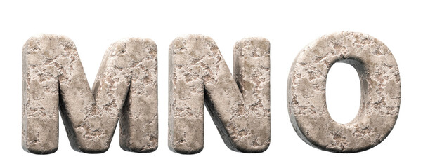Stone letters M, N, O. 3d render. Rock alphabet. Path save.