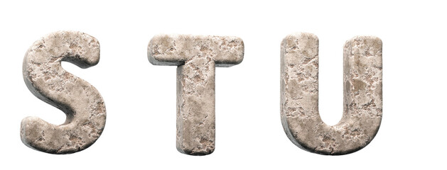 Stone letters S, T, U. 3d render. Rock alphabet. Path save.