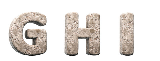 Stone letters G, H, I. 3d render. Rock alphabet. Path save. © wesleyyaya