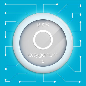 Realistic button with oxygenium symbol. Chemical element is oxygenium. Vector isolated on white background