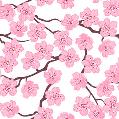 Branches of blooming pink sakura. Spring flowers seamless pattern. Floral background. Vector cartoon flat illustration.
