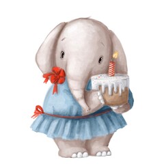 cute baby elephant with birthday cake, watercolor illustration, holiday clipart with cartoon character