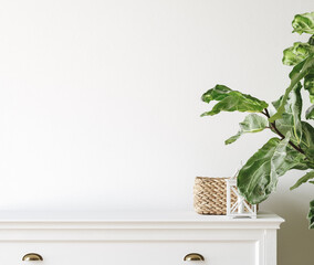 Wall mockup close up in Coastal living room interior with commode, plant and decor, 3d render © artjafara