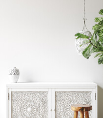 Wall mockup close up in Coastal living room interior with commode, plant and decor, 3d render - obrazy, fototapety, plakaty