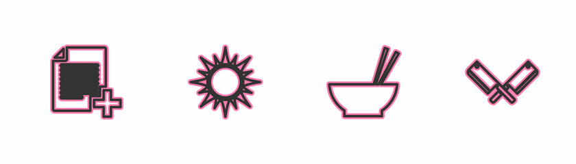 Set line Add new file, Bowl with chopsticks, Sun and Crossed meat chopper icon. Vector