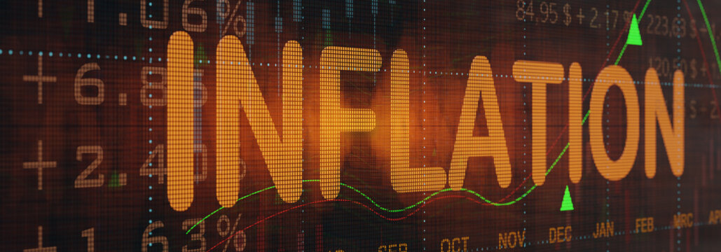 Increased inflation expectations because rising comodity and staples prices. The word inflation illuminated on a screen surrounded by numbers, percentages, rising charts and lines. 3D illustration
