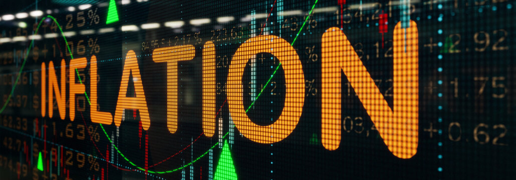 Increased inflation expectations because rising comodity and staples prices. The word inflation illuminated on a screen surrounded by numbers, percentage signs, rising charts and lines. 3D illustratio