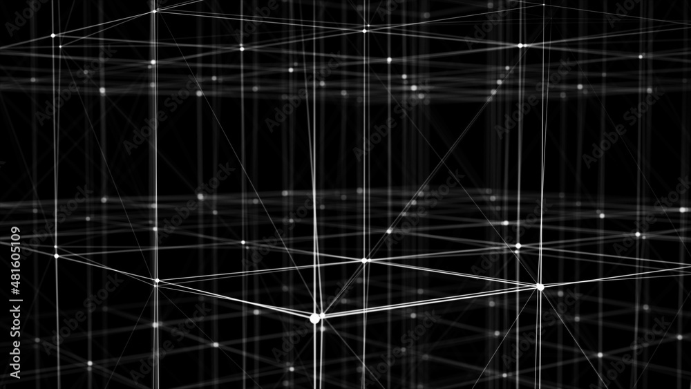 Poster Technology blockchain concept. Visualization of the dynamic flow of the cryptocurrency industry. Big data flow connections. Network connection structure. 3D Rendering.