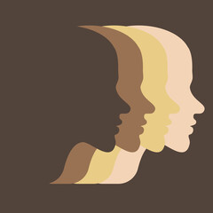 Four type of skin. Abstract haeds with different skin. Vector background of male or female silhouettes. Race.