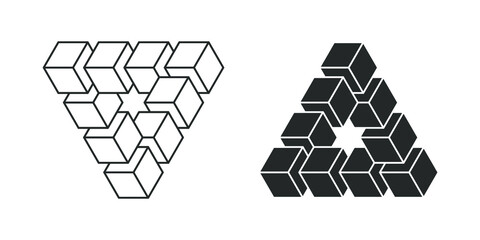 Triangle Penrose icon. Triangle consisting of 9 cubes. Optical illusion symbol. Triangle linear design. Vector illustration