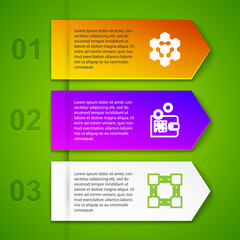 Set line Blockchain technology, Proof of stake, and Mining with laptop and pickaxe. Business infographic template. Vector