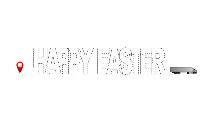 Happy easter concept. Destination, route, truck. Easter delivery logo.