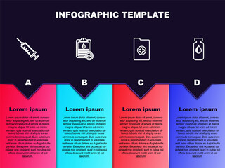 Set line Syringe, Clipboard with blood test, Clinical record and Medical vial, ampoule. Business infographic template. Vector