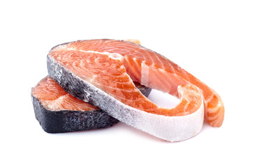 Salmon fish on white background closeup.  Salted  salmon steaks isolated.