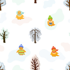 Seamless pattern with cute birds and trees. Texture for fabric, wrapping paper. Cold season background.