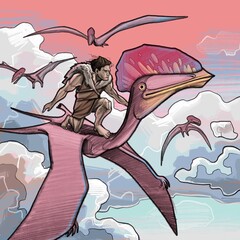A young man flies in the sky riding a pterosaur among the clouds. © Ekaterina Glazkova
