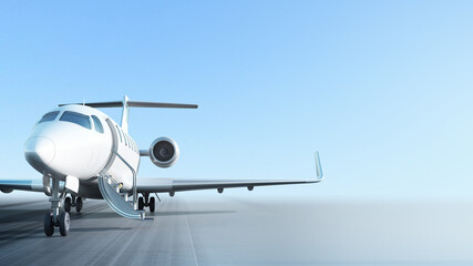 Business jet with open entrance on empty runway, waiting for passengers. 3D render. - obrazy, fototapety, plakaty