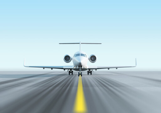Business jet on runway, ready to takeoff on blue sky background. 3D render.