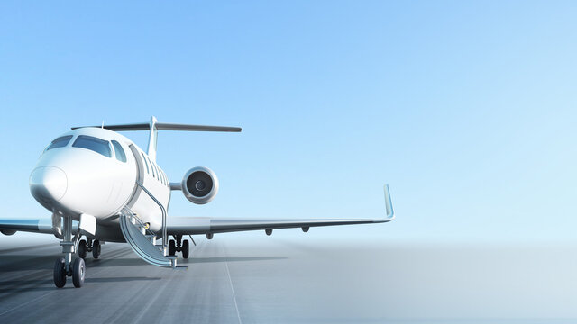 Business jet with open entrance on empty runway, waiting for passengers. 3D render.