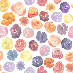Colorful watercolor flowers pattern. Pink, violet, blue, yellow floral background