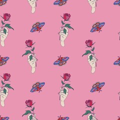 Valentines day vector seamless pattern. Rose flower in the hand. Moth butterfly.