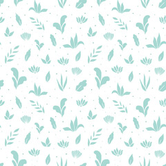 Fototapeta na wymiar Seamless pattern with natural elements: leaves, twigs, flowers. Minimalistic monochrome background. Vector illustration.