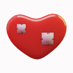 Realistic detailed 3D red heart with patches, a symbol of pain and love.
