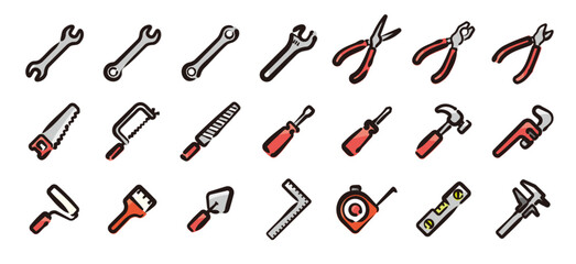 Tool icon set for graphic (Hand-drawn line, colored version)