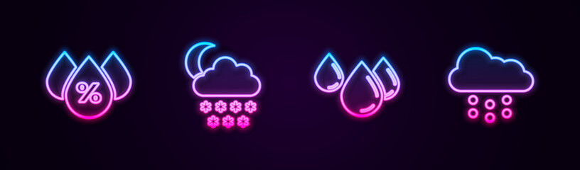 Set line Water drop percentage, Cloud with snow and moon, and . Glowing neon icon. Vector