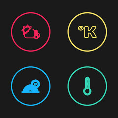 Set line Rainbow with sun, Meteorology thermometer, Kelvin and Thermometer and cloud, icon. Vector