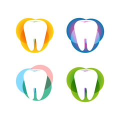 Isolated white tooth vector logo set. Round shape. Tooth hygiene logotype collection on the white background. Dental implants icons group. Caries treatment sign.